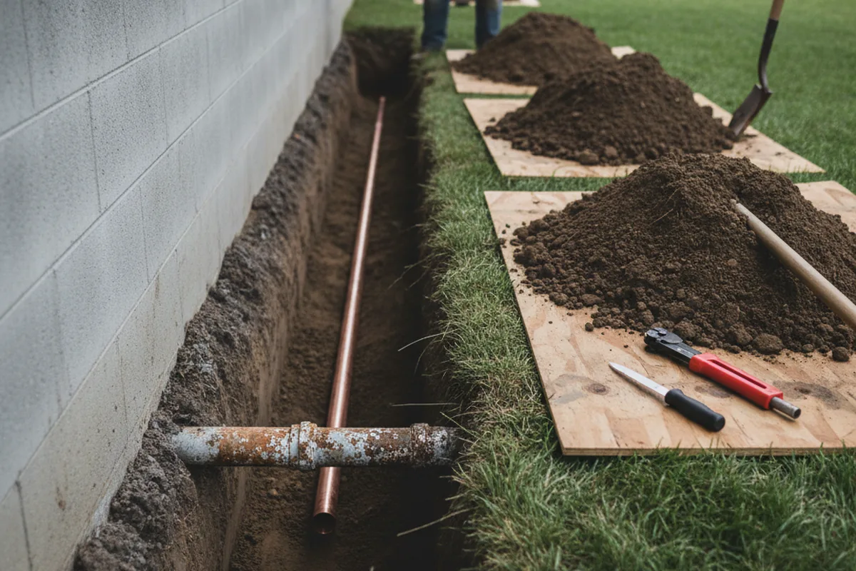 Excavated water line trench during Sewer Line Repair in Maywood